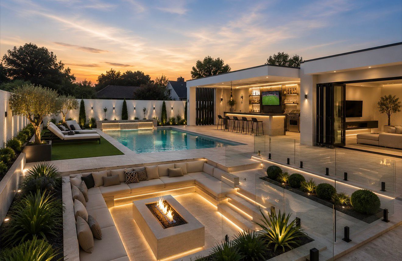 Luxury landscaped outdoor living space with pool, fire pit and garden bar at dusk